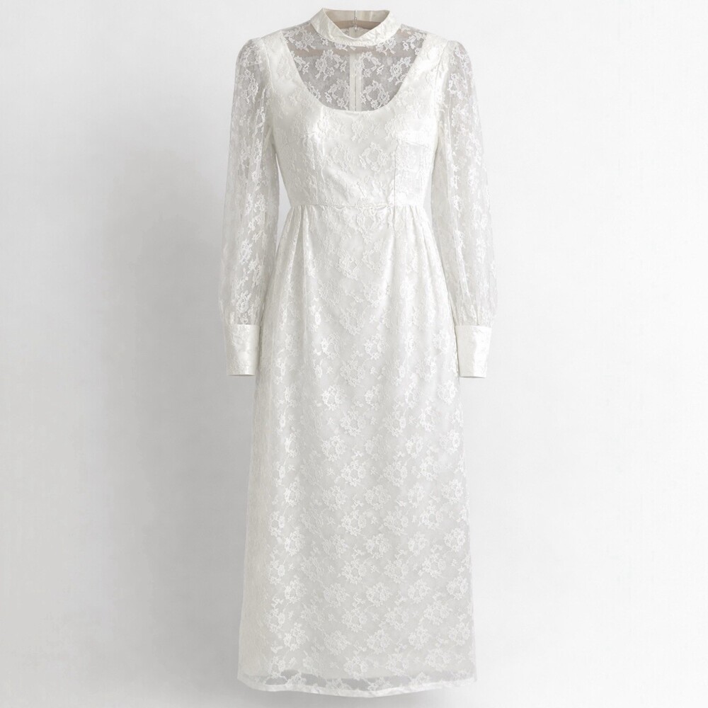 Vintage 70s Ivory Lace Prairie Dress XS Small Wedding Cottagecore Bridal Boho